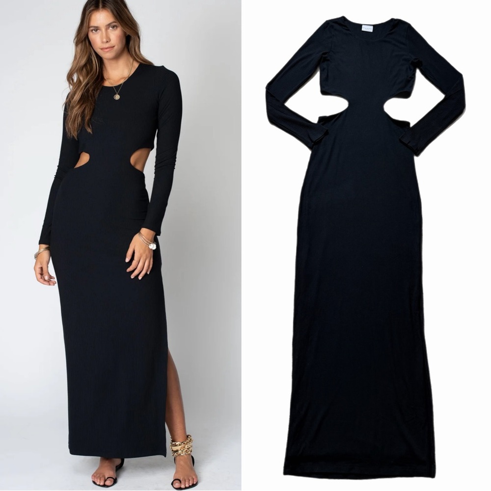 StillWater Black Ribbed Double Lined Cutout Maxi Dress S Made in USA